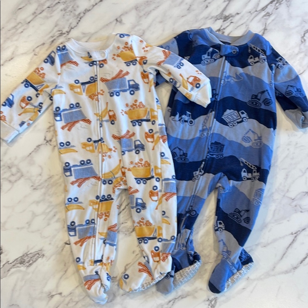 Construction-Themed Kids Fleece One Pieces - Blue and White - Set of 2